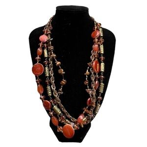 4 Layer Necklace Leather, Beaded, Paprika Orange Red Bronze Gypsy Boho 20” Glass